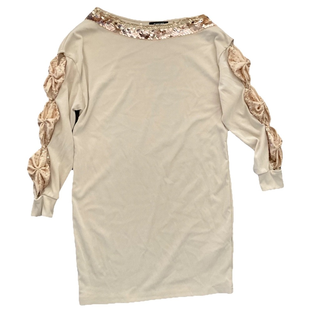 ChicMe Beige Long-sleeved Sequined Sweater Dress Sz S/M - Picture 11 of 11